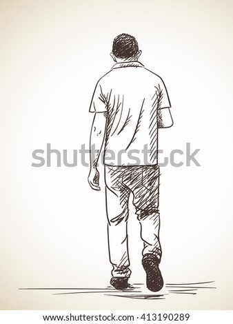 Sketch Of Walking Man Back View Hand Drawn Illustration - 413190289 ...