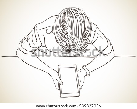 Girl using tablet Vector sketch Hand drawn illustration Top view
