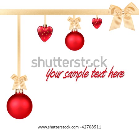 Red Christmas balls hanging with golden ribbons on white background (easy to remove or change the text)