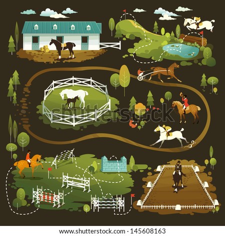 Equestrian vector illustrations of horse life, farming, racing, dressage, eventing and jumping show
