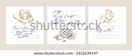 Sticker pages for making notes about meal preparation and cooking ingredients. Recipe sheets decorated with food drawings