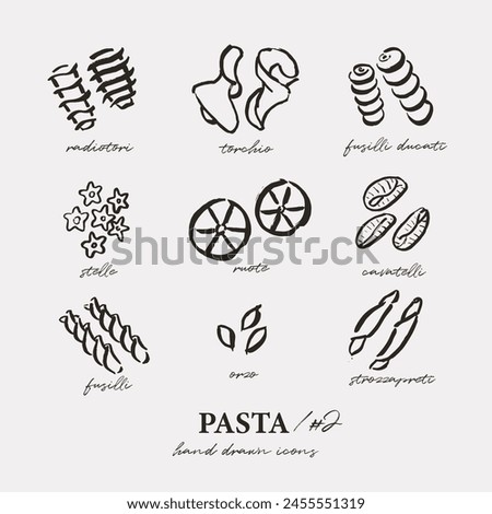 Different pasta types set, outline icons, simple loose drawings, sketchy style