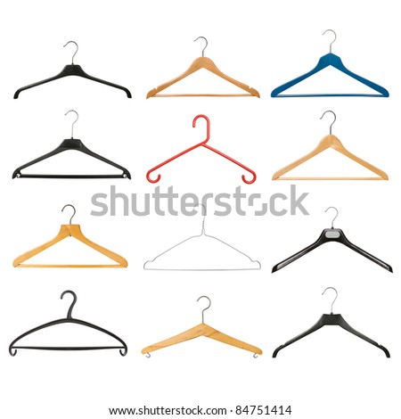 Set of coat hangers isolated on white background. Collection includes wooden, plastic, metallic, old, new, vintage, and modern coat hangers.