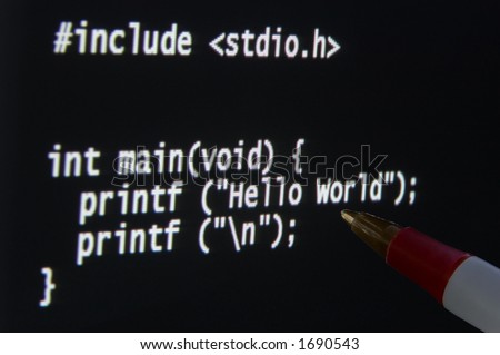 Macro image of program source code on a CRT monitor. Individual pixels are clearly visible in the full size version. A disposable pen is being used as a pointer.