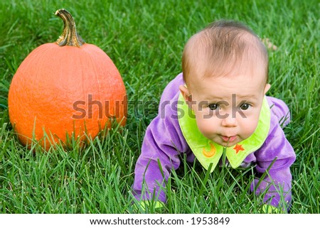 Baby, outdoors with a pumpkin in a pumpkin patch, just in time for Halloween.