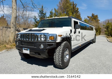 A stretch limousine parked in a long driveway. Exaggerated by a wide angle lens. It is both literally stretched and stretched using the added perspective of the lens to amplify it\'s imposing size.