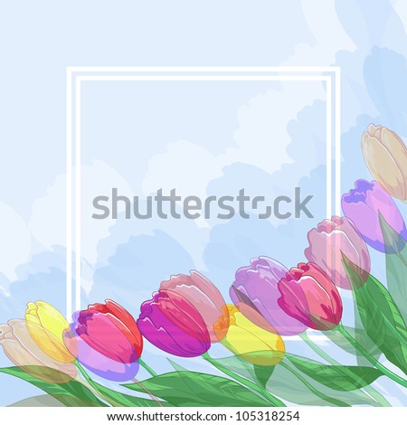 Floral blue heavenly background for greetings card with flowers tulips, leaves and frame. Vector eps10, contains transparencies