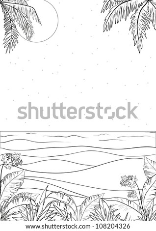Exotic tropical ocean landscape with moon night sky, palm trees leaves and flowers, black contour on white background. Vector illustration