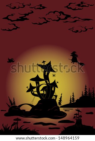 Holiday Halloween landscape with magic Castle - mushroom and witch. Vector