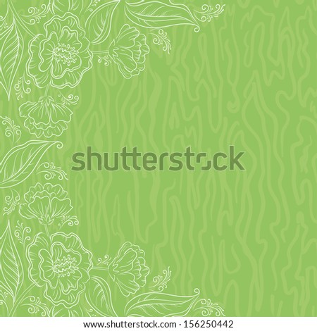 Abstract floral pattern with white outline symbolical flowers on green background.