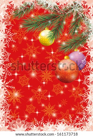 Background for Christmas holiday design: spruce branches, balls, stars and snowflakes