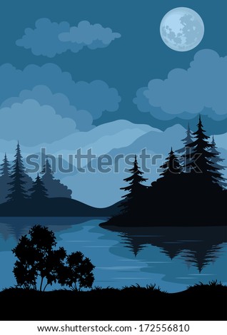Night landscape: mountains lake, trees and moon. Element of this image furnished by NASA (www.visibleearth.nasa.gov). Vector