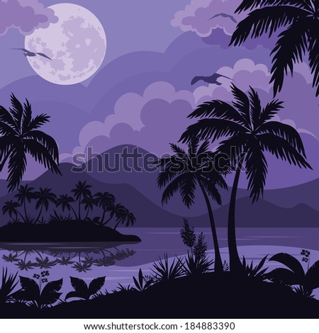 Exotic tropical night landscape with moonlit sky, sea islands with palm trees and flowers silhouettes. Element of this image furnished by NASA Vector