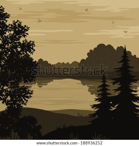 Evening landscape, trees, river and birds silhouette. Vector
