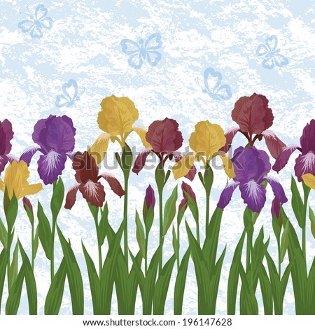 Irises flowers on an abstract blue background with silhouettes of butterflies, seamless pattern