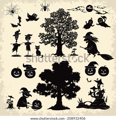 Set of cartoon objects and subjects for the holiday Halloween design, trees, animals and characters, pumpkins, witch, ghosts and other black silhouettes. Vector