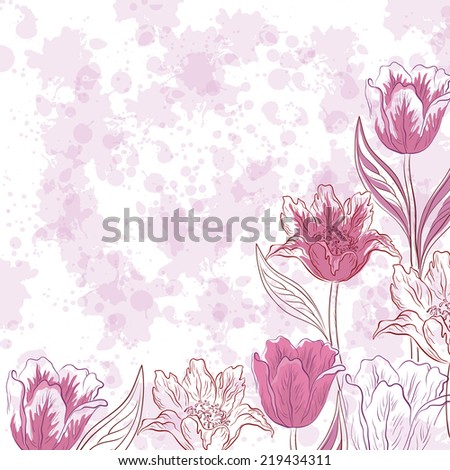 Floral pattern, flowers tulips contours and silhouettes on abstract background with blots. Eps10, contains transparencies. Vector