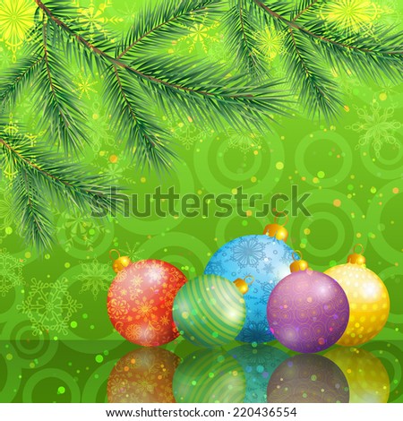 Background for Christmas holiday design, spruce branches and balls with snowflakes and ornament.