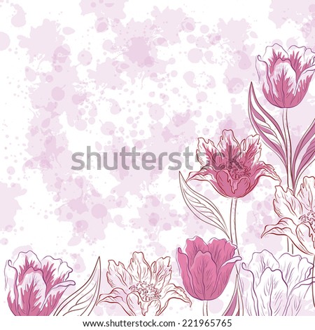 Floral pattern, flowers tulips contours and silhouettes on abstract background with blots.