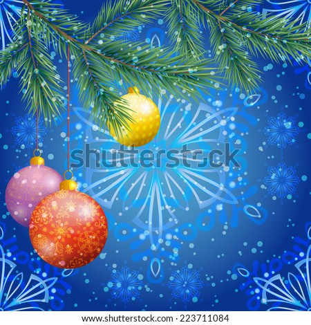 Background for Christmas holiday design, spruce branches, balls and snowflakes. , contains transparencies.