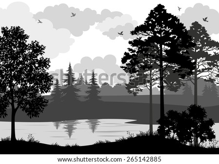 Landscape, Trees, River and Birds, Black and Grey Silhouette Contour on White Background. Vector