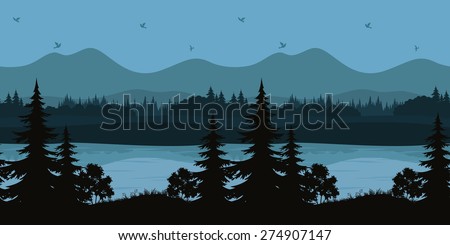 Seamless Horizontal Night Forest Landscape, Trees on the Shore of a Mountain Lake and Birds in the Sky, Black and Blue Silhouettes. Vector