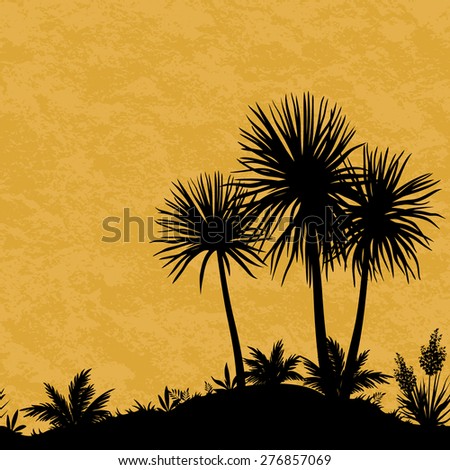 Exotic Horizontal Seamless Landscape, Black Silhouettes of Palm Trees, Tropical Plants and Flowers on Abstract Grunge Background.