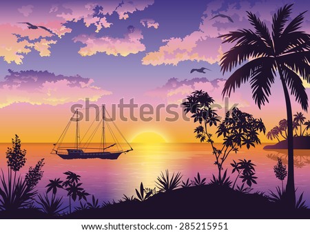 Tropical Landscape, Sunset Sea, Palm Trees and Flowers, Ship and Birds Gulls in the Sky with Clouds. Eps10, Contains Transparencies. Vector