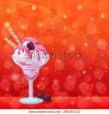 Food, Glass with Sundae Ice Cream with Waffles and Cherry Berry on Abstract Background with Circles, Stars and Curves
