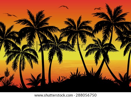 Exotic Horizontal Seamless Landscape, Palm Trees, Plants, Ocean and Birds Gulls Black Silhouettes