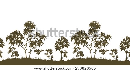 Exotic Horizontal Seamless Landscape, Castor Plants with Leaves and Grass Black Silhouette Isolated on White Background. Vector
