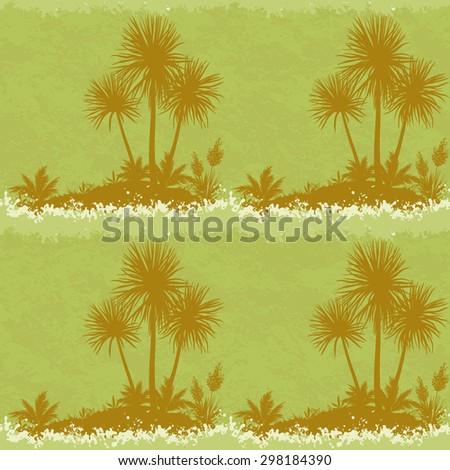 Exotic Seamless Landscape, Ocean Symbolic Island with Silhouettes Palm Trees and Plants on Abstract Grunge Background. Vector