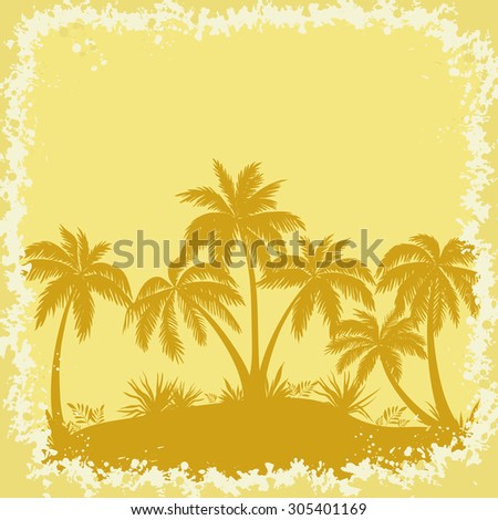 Tropical Landscape, Palms Trees And Grass Brown Silhouettes on a Yellow Background with Frame of Blots.