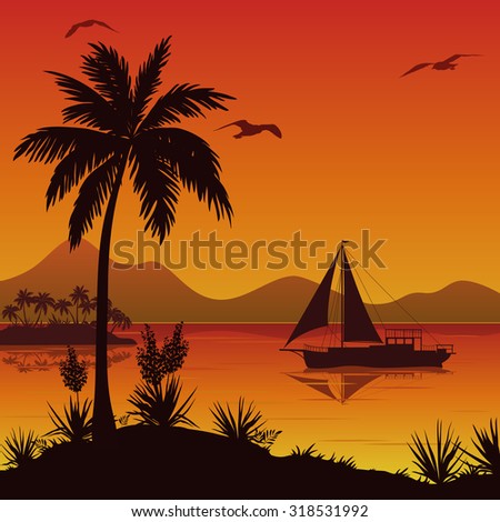 Tropical Sea Landscape, Palm Trees and Flowers, Sailing Ship and Birds Gulls in the Sky.