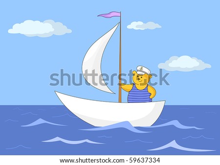 Teddy bear seaman floats on a sailing vessel on the dark blue sea