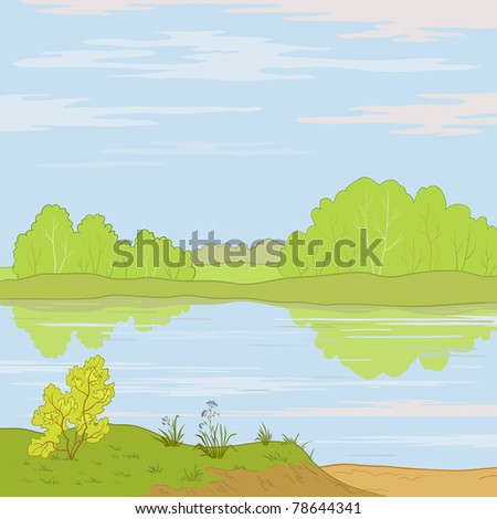 Vector, summer landscape: forest, river and the blue sky with white clouds