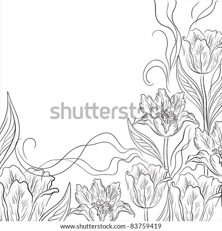 Vector flower background, contours flowers tulips on white