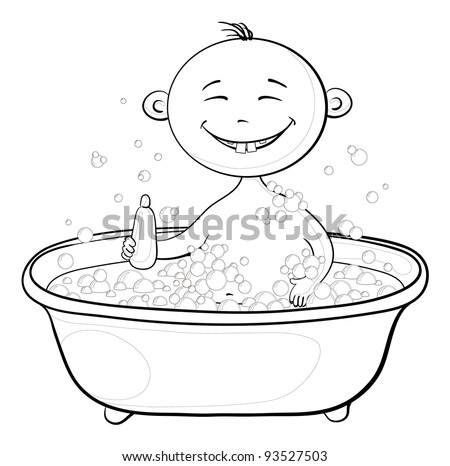 Cartoon, Contours: Cheerful Smiling Child Sitting In A Bath With Soap ...