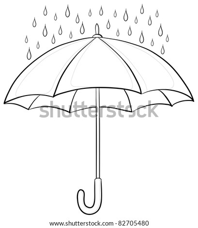 Vector, umbrella and rain drops, monochrome contours on white background