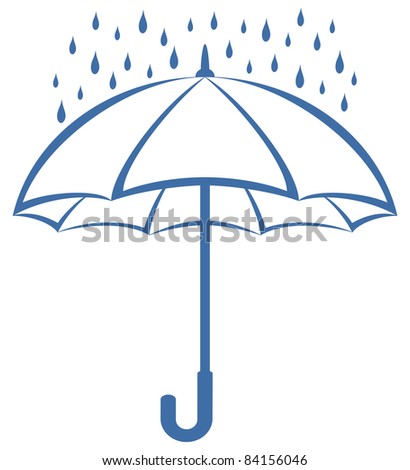 Vector, blue umbrella and rain drops, symbolical pictogram on white background