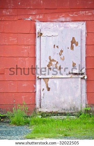 Rustic old abandoned red barn with pink door. Overgrown and neglected property.