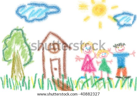 Child\'s drawing of family and their house. Simple crayon drawing style.