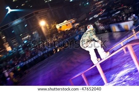 HALIFAX, NS - February 27: Snowboard riders compete in the 2010 Urban Butter snowboard showcase February 27, 2010 in Halifax, Nova Scotia. The competition is the largest in Atlantic Canada.