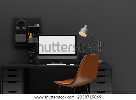 3D illustration Modern Computer with blank screen in the dark room Stock foto © 