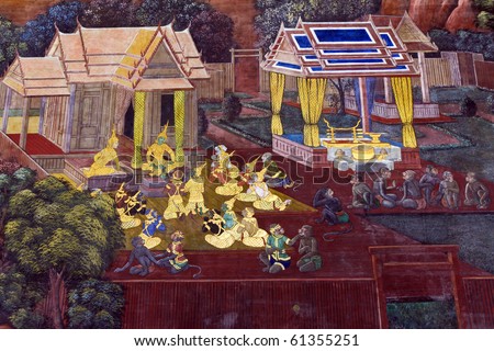 oil color painting , a story of an angel and Hanuman , at the Temple of the Emerald Buddha , Bangkok ,