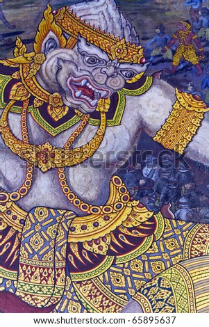 Hanuman painting on Temple of the Emerald Buddha wall , Bangkok , Thailand , ( , oil color painting on partition temple Thai wall , be the painting that have no which copyright protects ) ,
