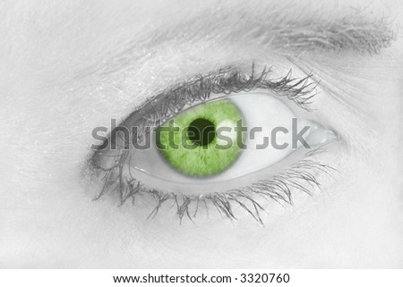 Beautiful green eye looking over toward you in faded black and white