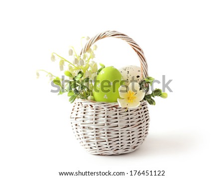    Dodaj do lightboxa?     znajd? podobne obrazy    Udost?pnij? Basket with easter eggs on white background  Zdjęcia stock © 