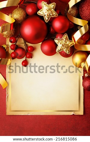 christmas frame background with red ornaments
