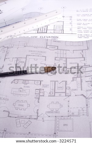 House plan - This is a picture of a set of blueprints (architectural drawings) the main floor of a house.